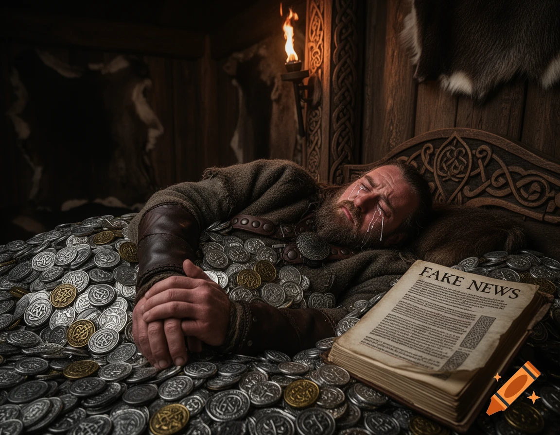 A crying Viking lies on a bed of silver and gold coins, clutching a book titled "FAKE NEWS" in a dimly lit, wooden room.