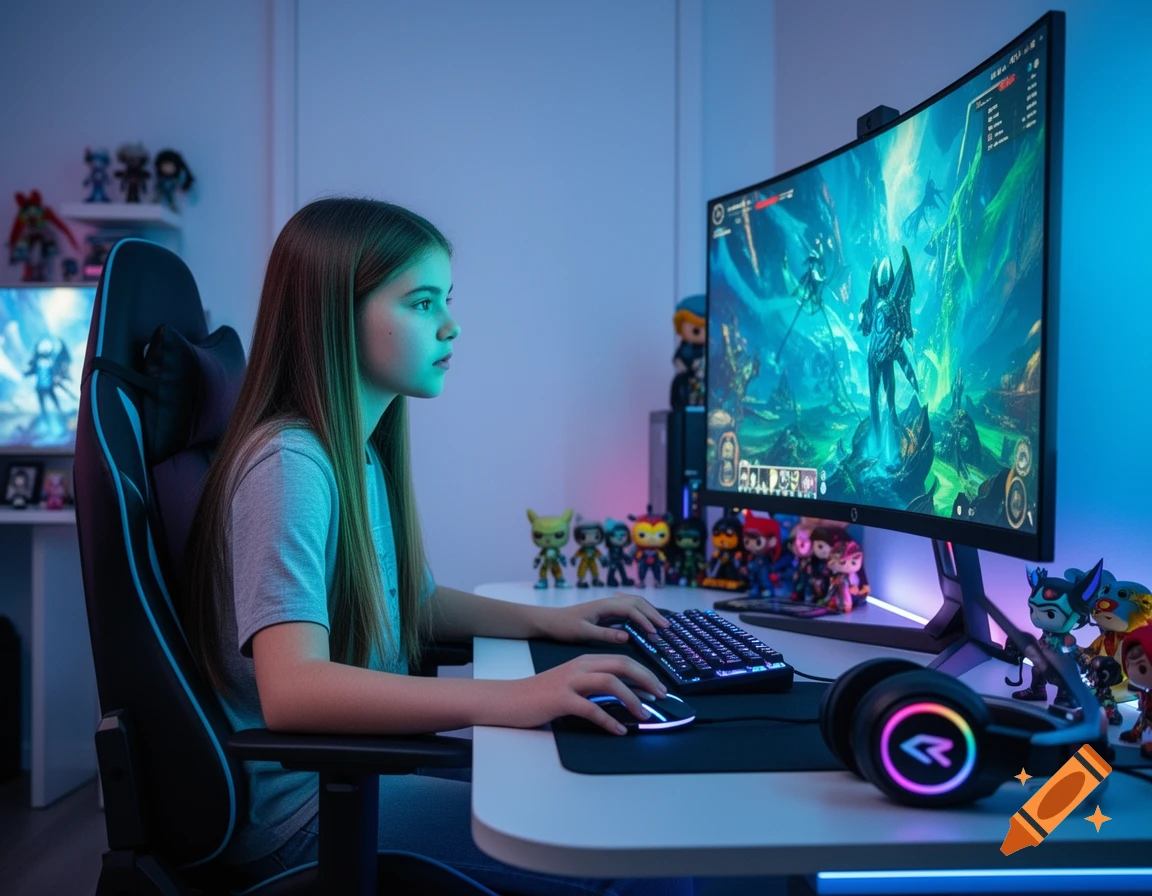 A young girl with long brown hair sits in a gaming chair, playing a video game on a large curved monitor in a dimly lit room with blue and purple lighting.