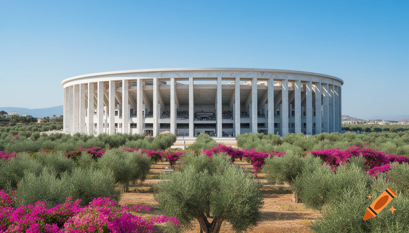 Photorealistic image of a minimalist, round stadium with white columns, surrounded by olive groves and vibrant pink bougainvillea under a clear blue sky.