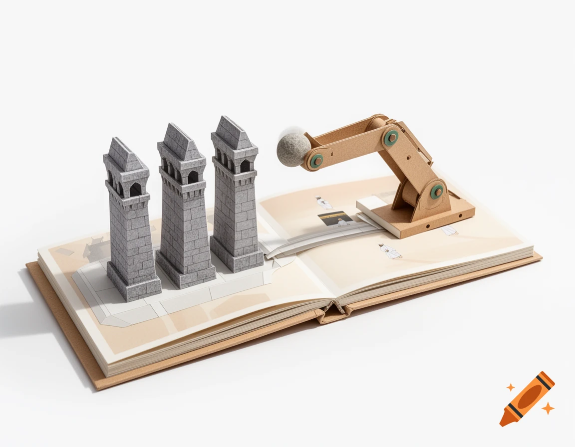 A pop-up book shows three grey stone pillars and a cardboard mechanical arm with a stone, in an instructional craft tutorial style on a white background.
