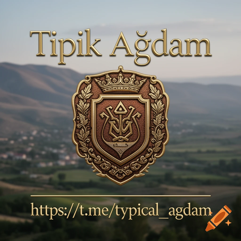 A gold and bronze crest with 'Tipik Ağdam' and a Telegram link, on a blurred landscape background.
