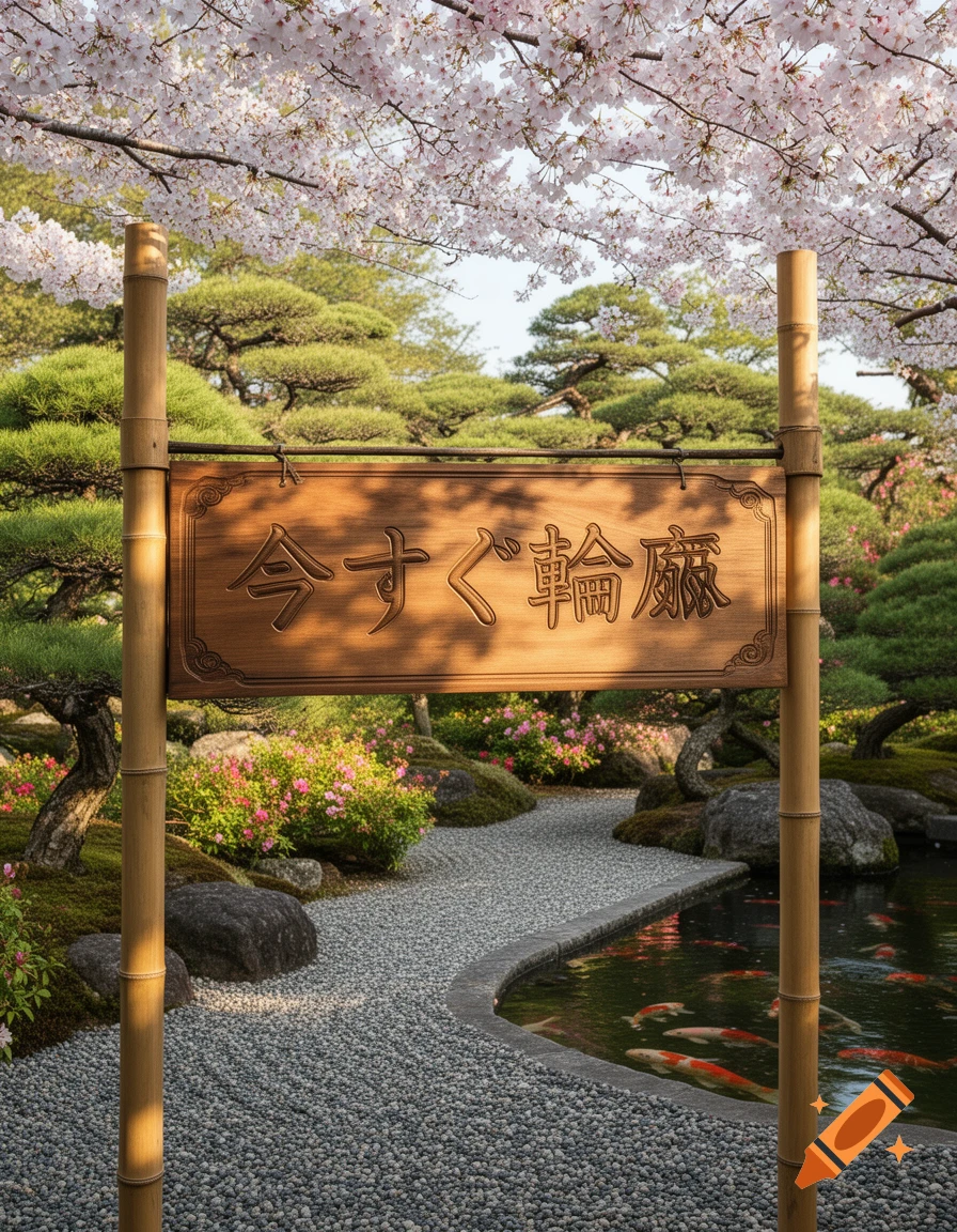 A beautiful Japanese garden features a wooden sign with Japanese text, pink cherry blossoms, a gravel path, and a pond with koi fish.