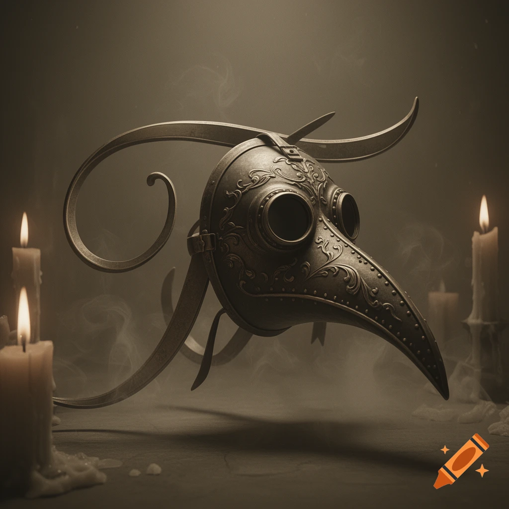 An ornate, dark metal plague doctor mask with glass eyes and decorative swirls, set amidst flickering candles and wisps of smoke.