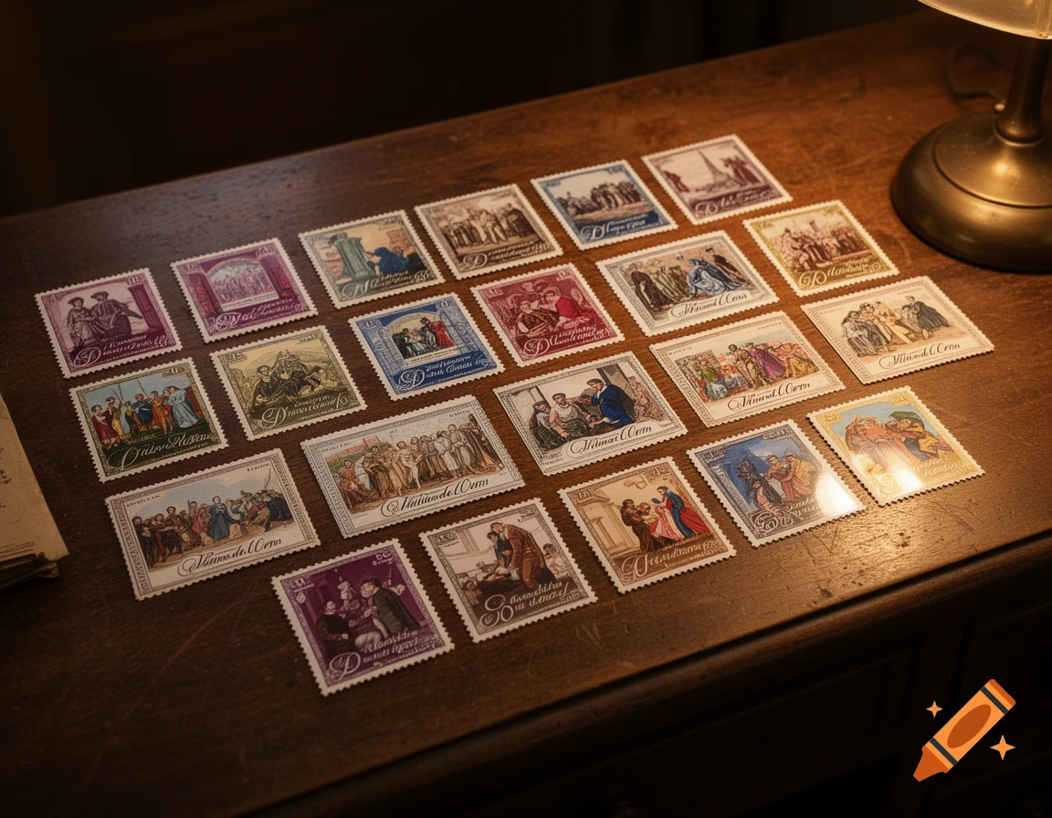 An overhead shot of numerous antique-style postage stamps with various historical or religious illustrations, laid out on a dark wooden desk under soft lamplight.