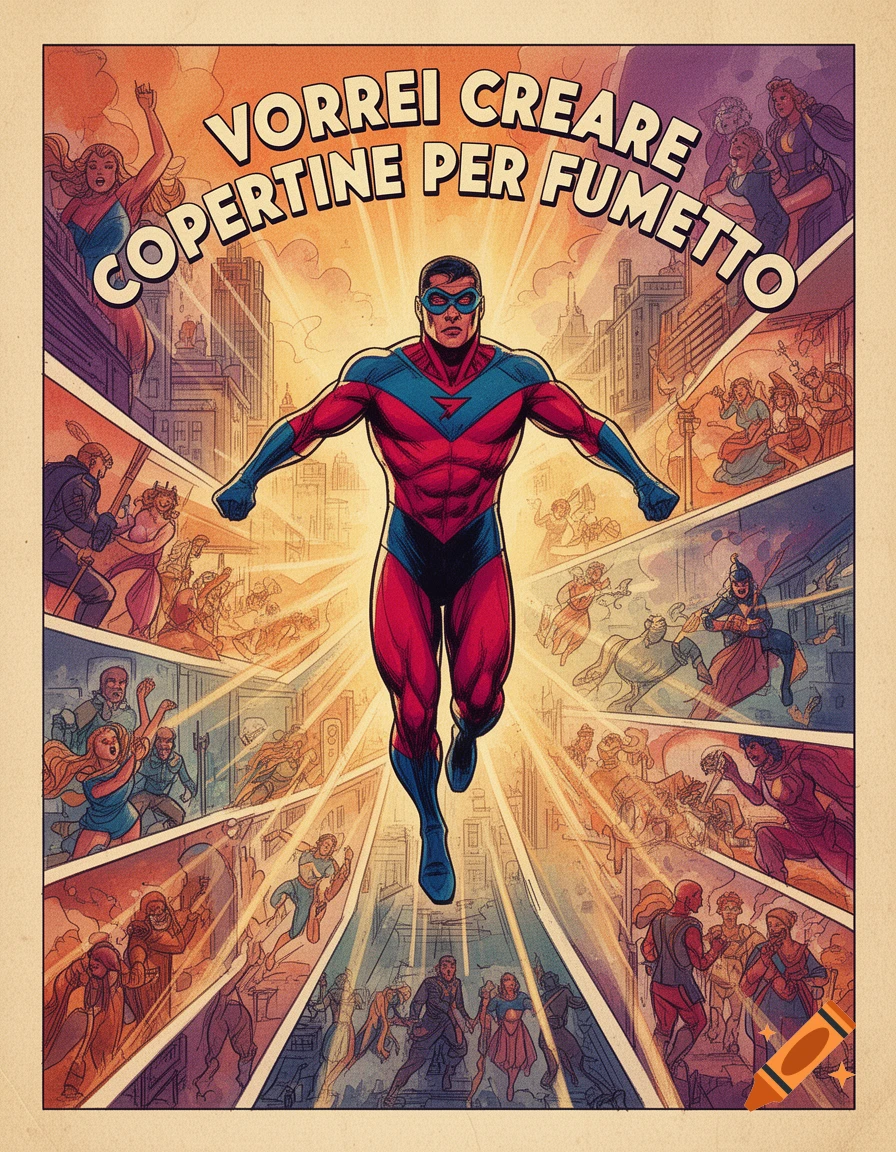 A vibrant vintage comic book cover featuring a superhero flying forward above a city, surrounded by panels depicting various comic characters.