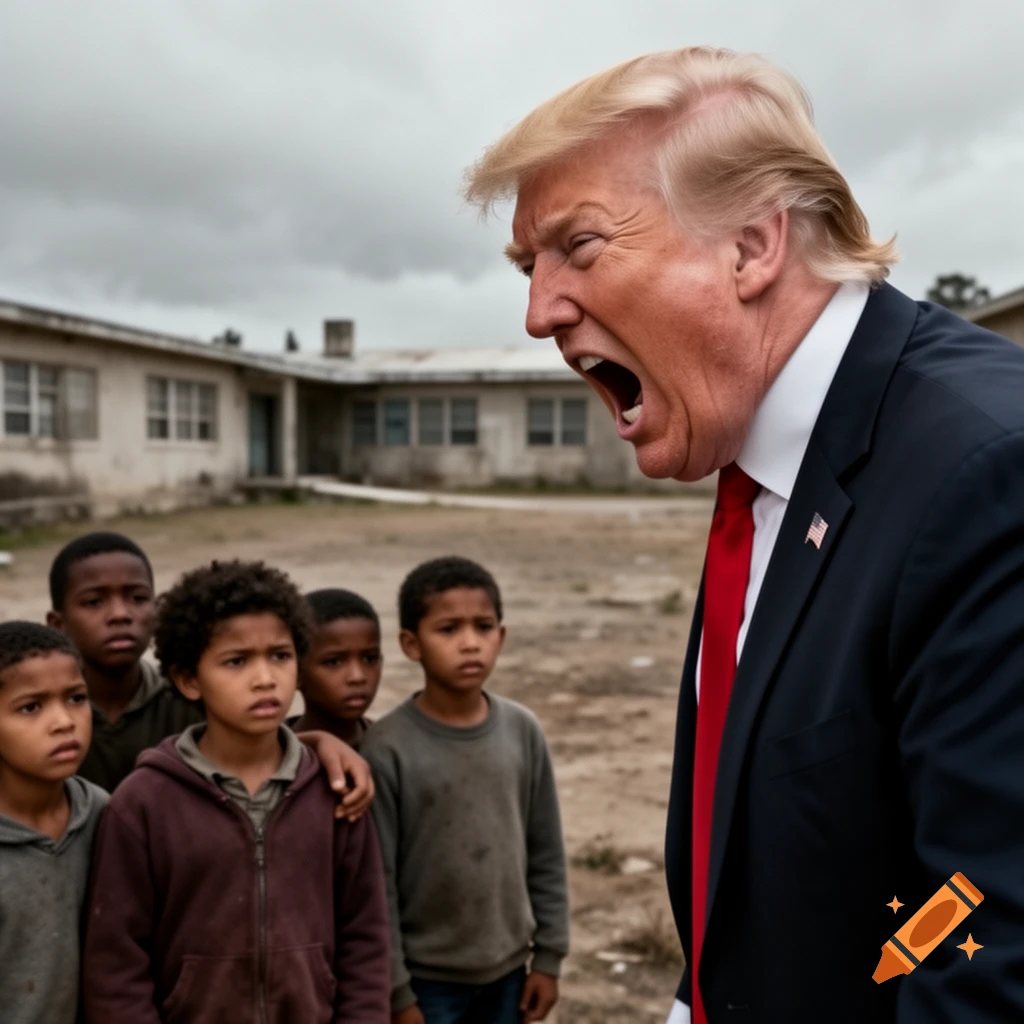 Photorealistic image of Donald Trump, mouth wide open screaming, looking down at a group of young Black children in front of a worn-down building under a cloudy sky.