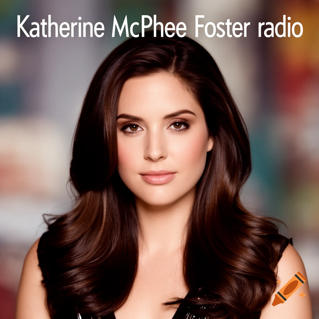 A photorealistic portrait of Katherine McPhee with long dark brown hair and makeup, looking directly at the viewer, with text "Katherine McPhee Foster radio" above her head.