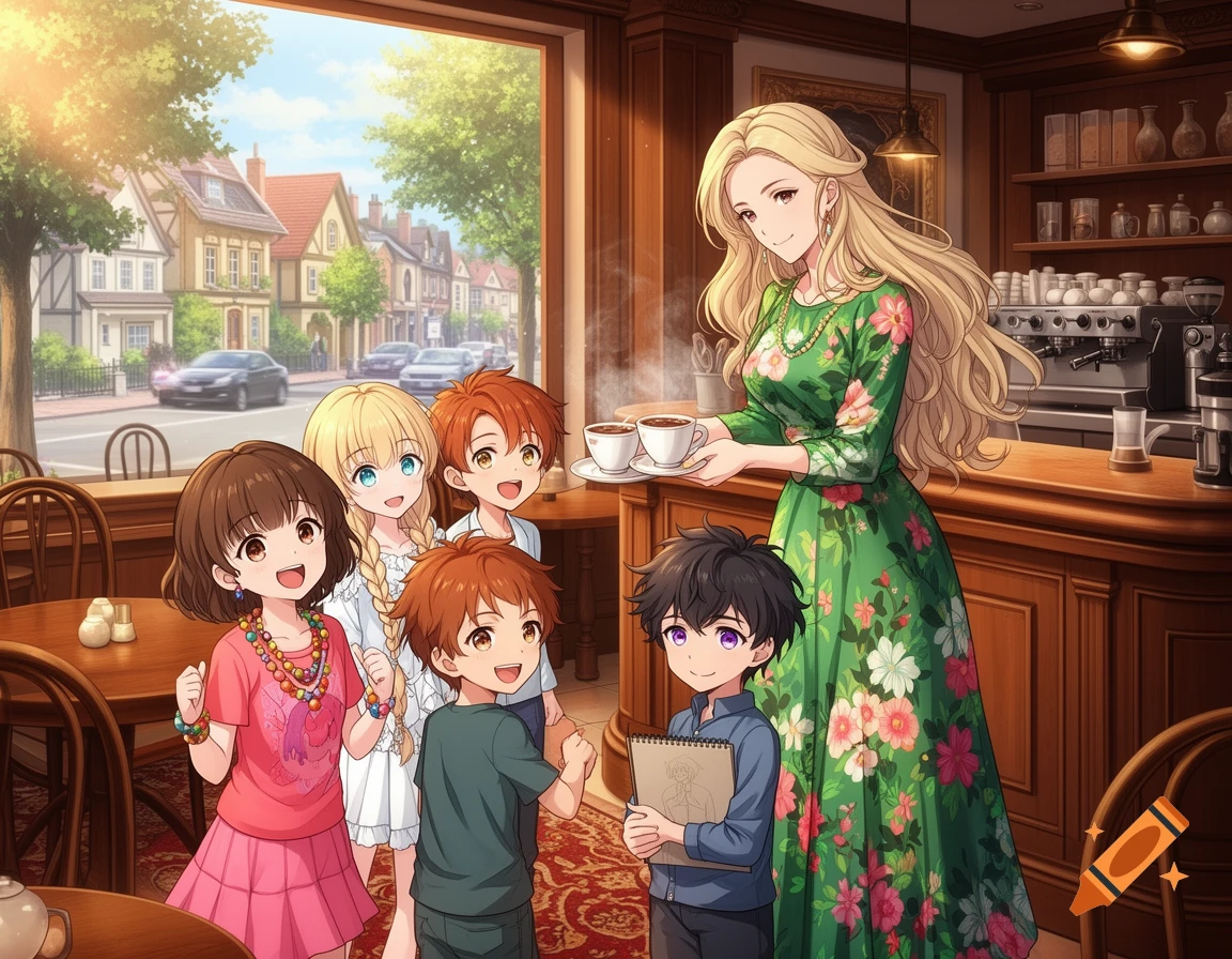 Anime scene of a woman serving cocoa to four children in a cozy cafe with a street view.