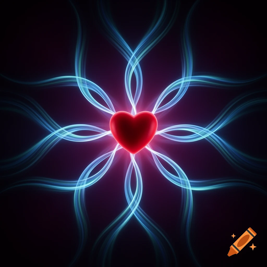 A vibrant red heart glows in the center, surrounded by eight swirling blue energy streams against a dark background.