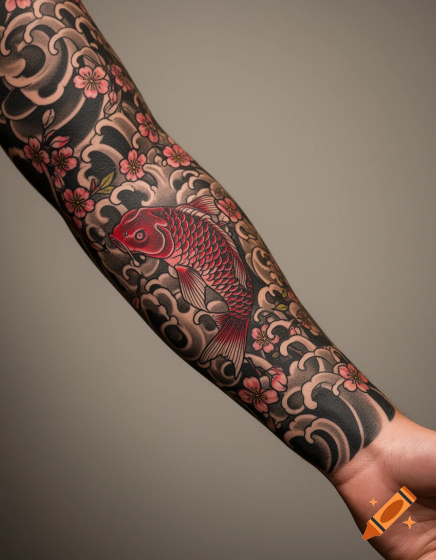 A vibrant Japanese irezumi full arm tattoo featuring a red koi fish, pink cherry blossoms, and dark swirling waves.