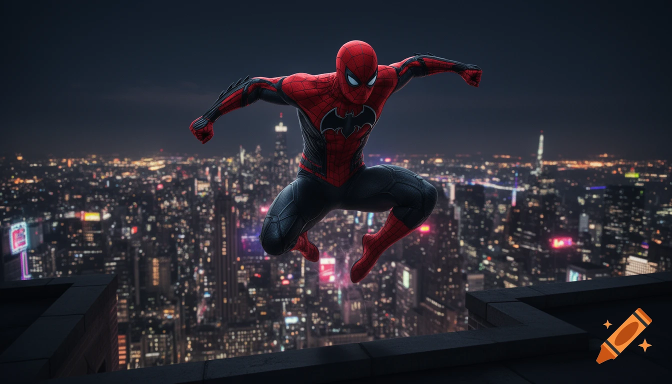 Photorealistic image of a Spider-Man and Batman fusion superhero in a red and black suit, mid-jump from a rooftop above a glowing city skyline at night.