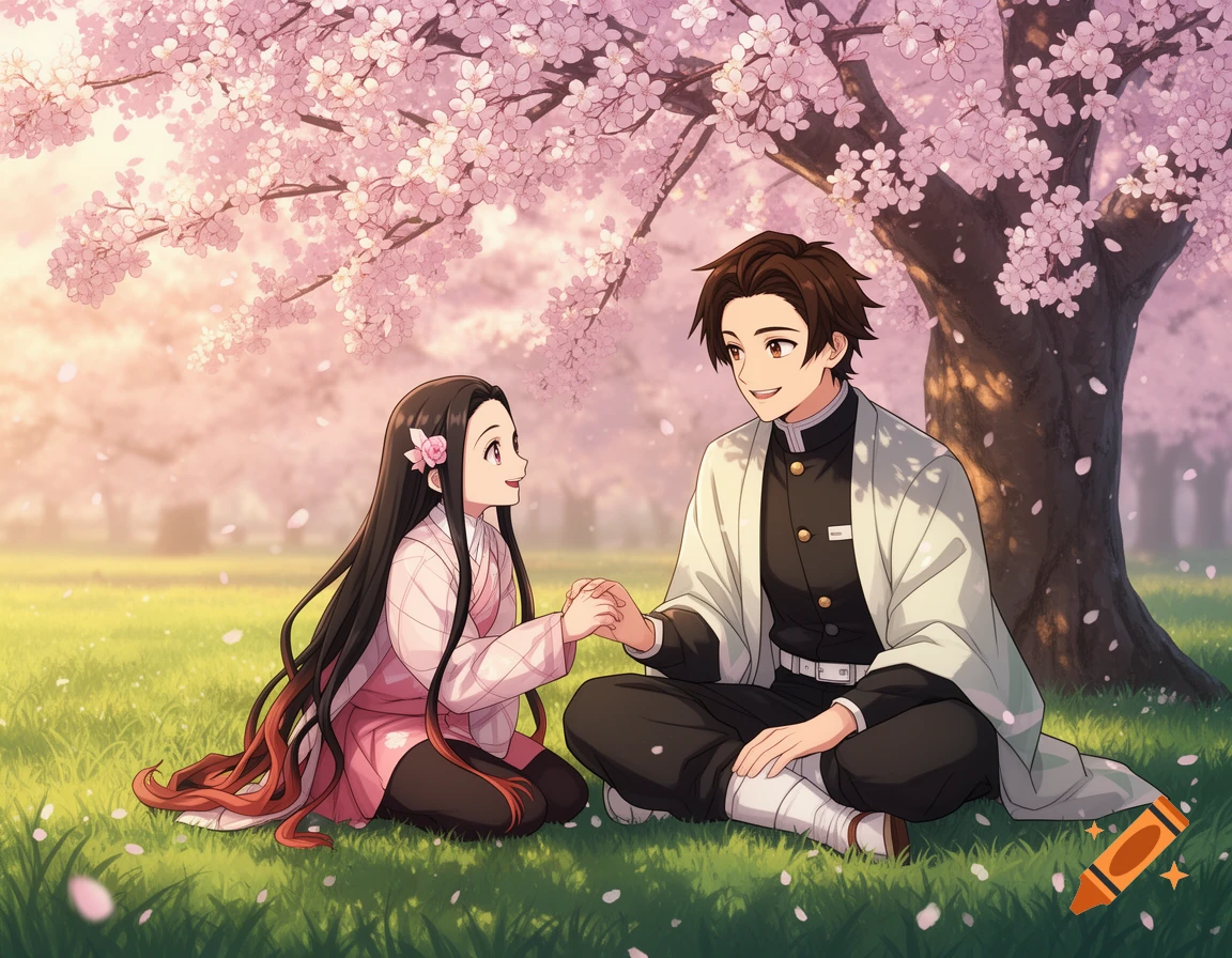 Anime characters Nezuko Kamado and a man sit under a pink cherry blossom tree, holding hands and smiling on a grassy field.