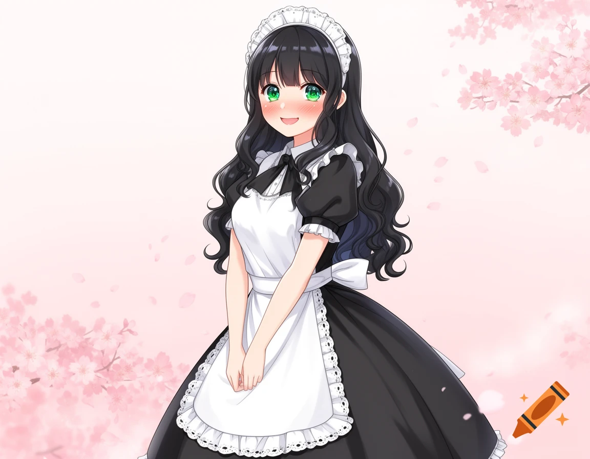 Smiling anime maid with black hair and green eyes, blushing in a black and white uniform, against a cherry blossom background.