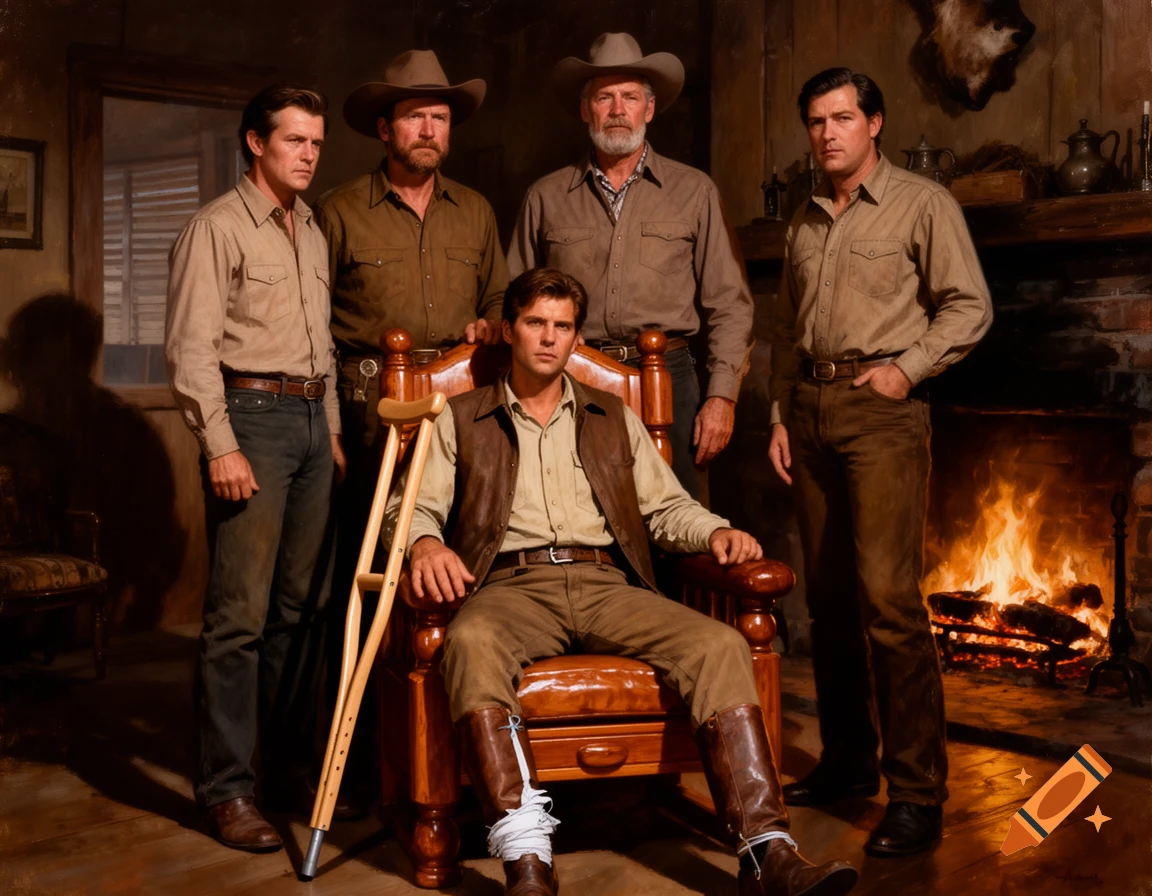 An oil painting of five men in a Western ranch living room; four stand around a seated man with a bandaged leg and crutches by a fireplace.