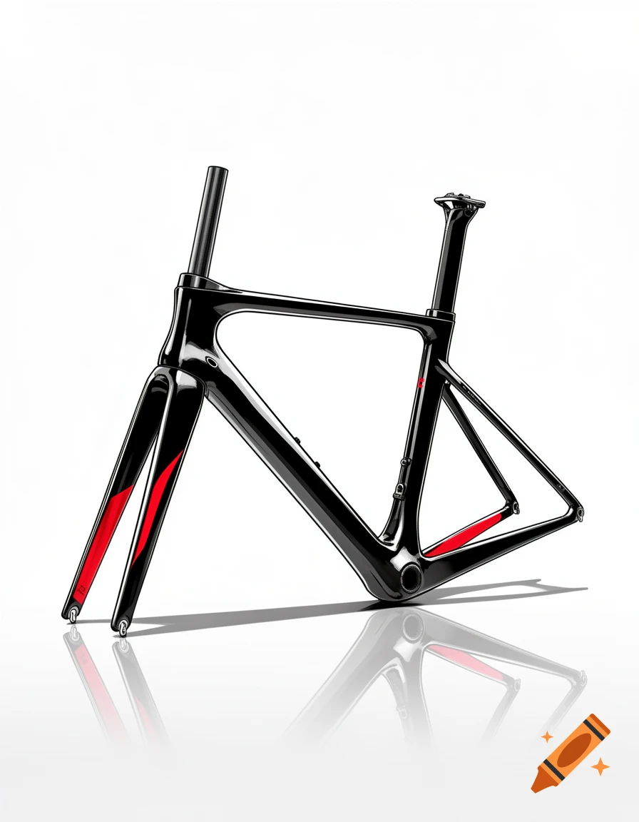 Glossy black carbon road bike frameset with red accents and reflections, rendered in a comic style on a white background.
