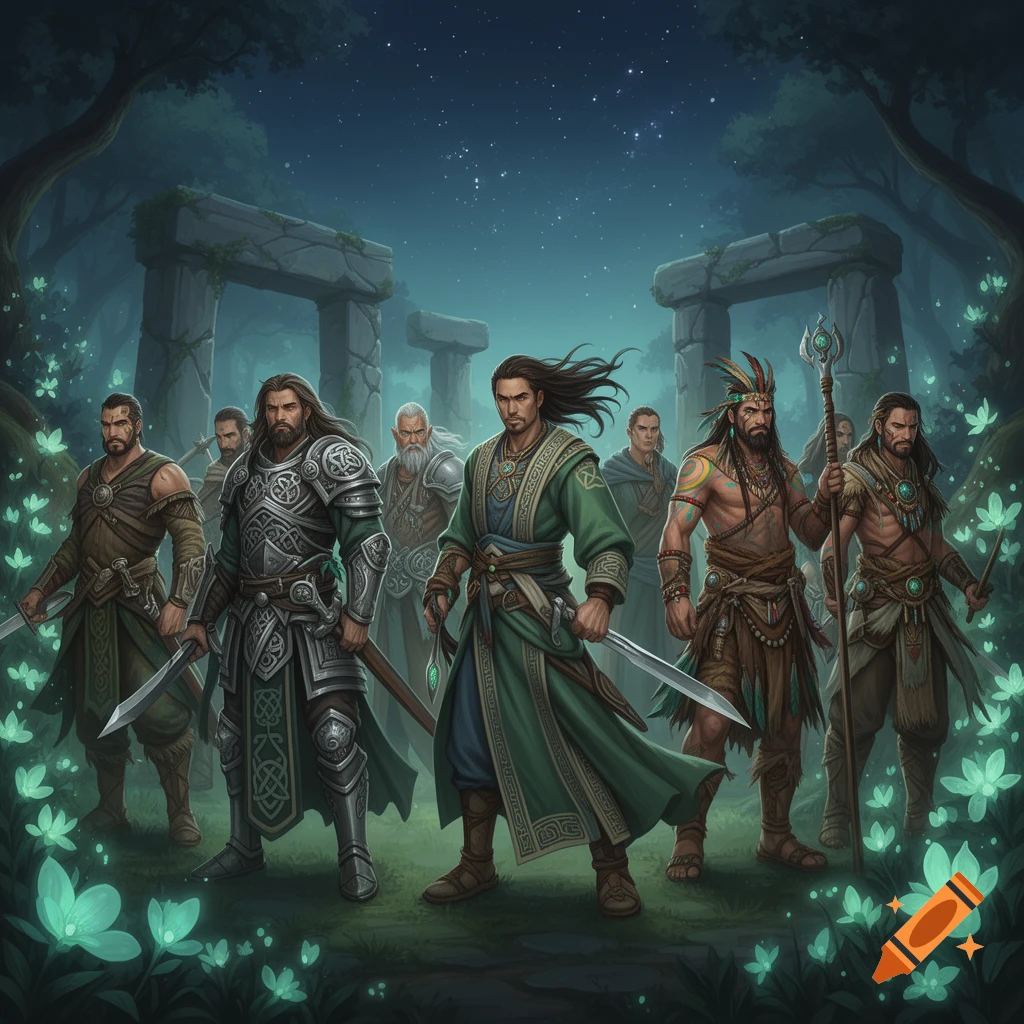 A group of male fantasy warriors and mages stand in an enchanted forest with stone arches and glowing plants at night.