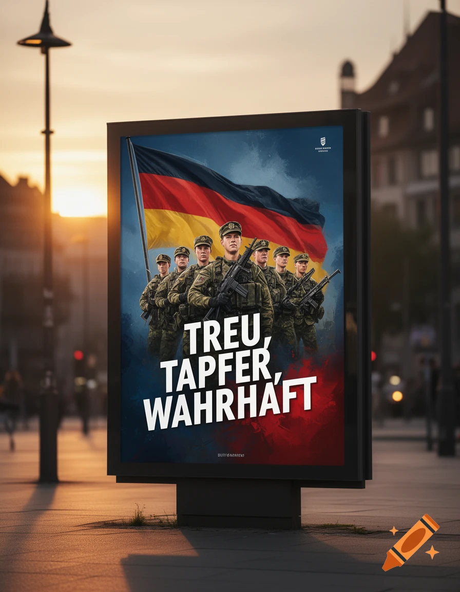 A billboard on a street shows German soldiers with a flag, bearing the text "Treu, Tapfer, Wahrhaft".