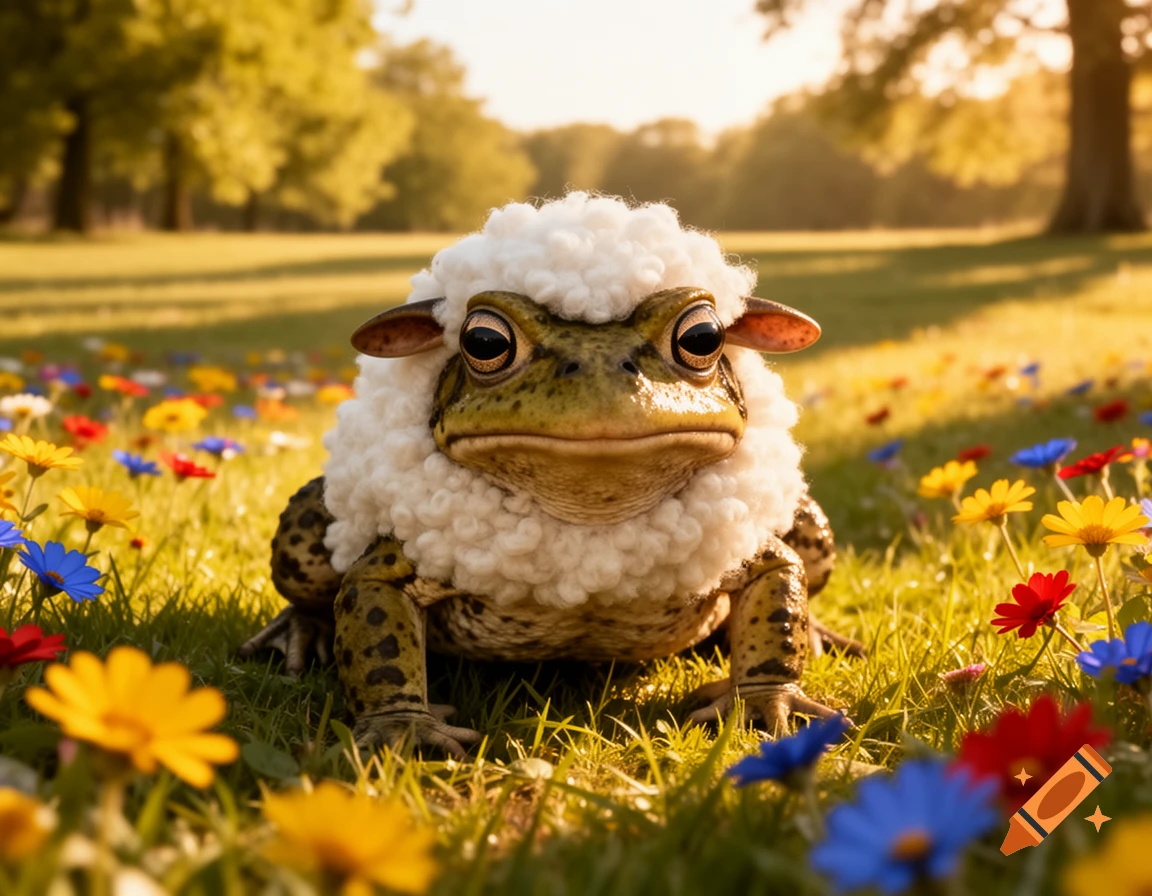 A cross-eyed toad in fluffy sheep's wool sits on a sunny, flower-filled lawn.