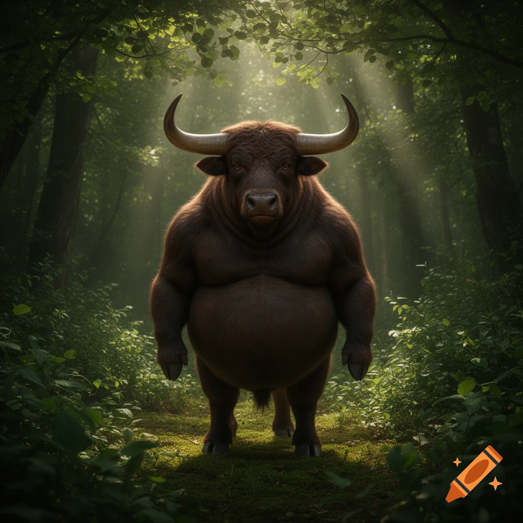A dark brown, chubby, bull-headed creature stands centrally in a sun-dappled forest, looking directly at the viewer.