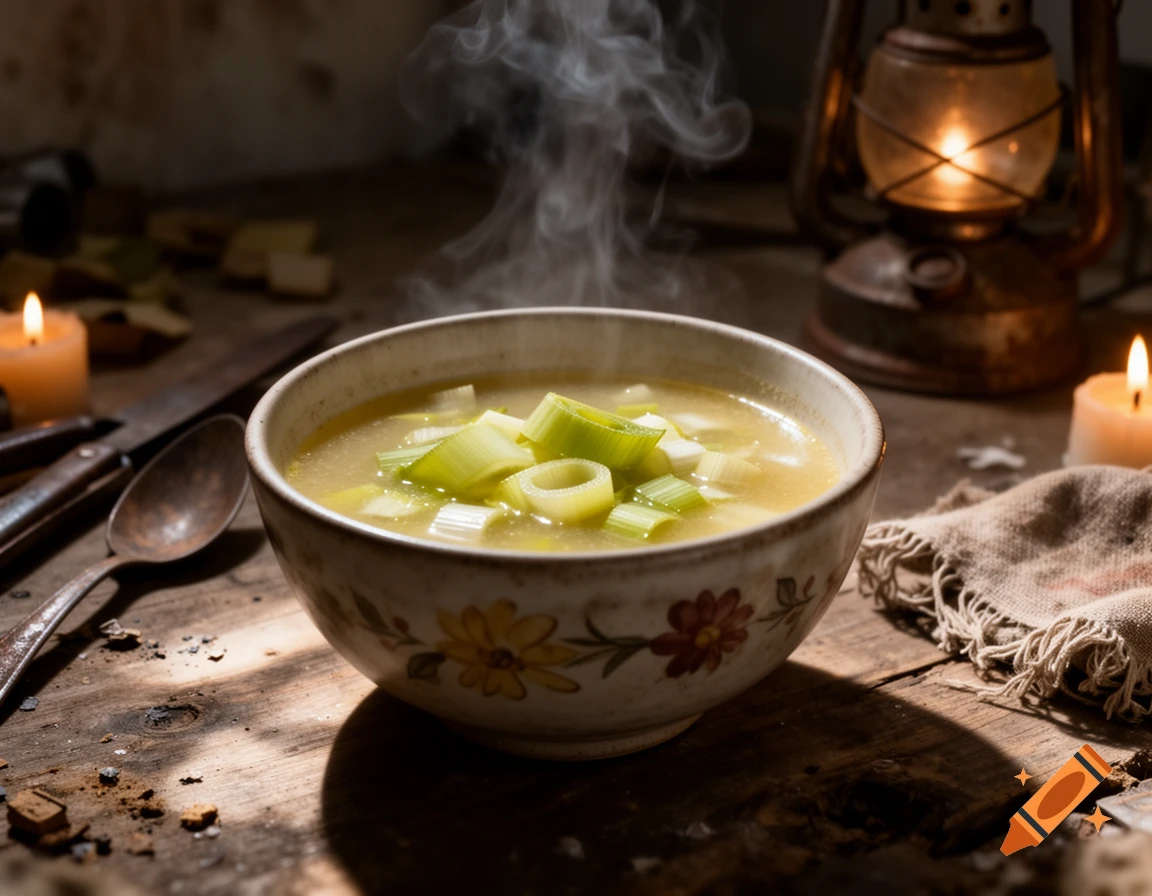 A steaming bowl of leek soup with sliced leeks sits on a rustic wooden table, illuminated by candlelight and an old lantern.