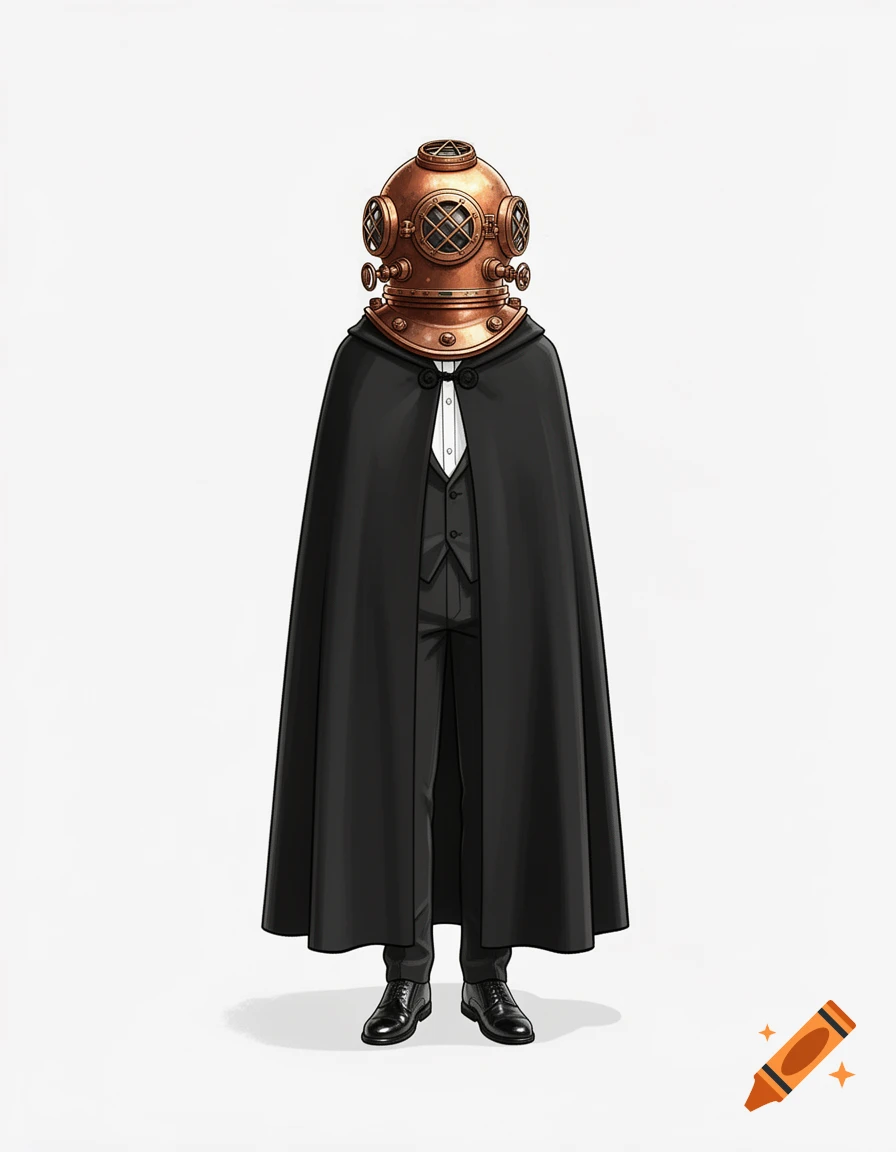A simply drawn character wearing a black suit, long black cape, and a copper diving helmet on a white background.