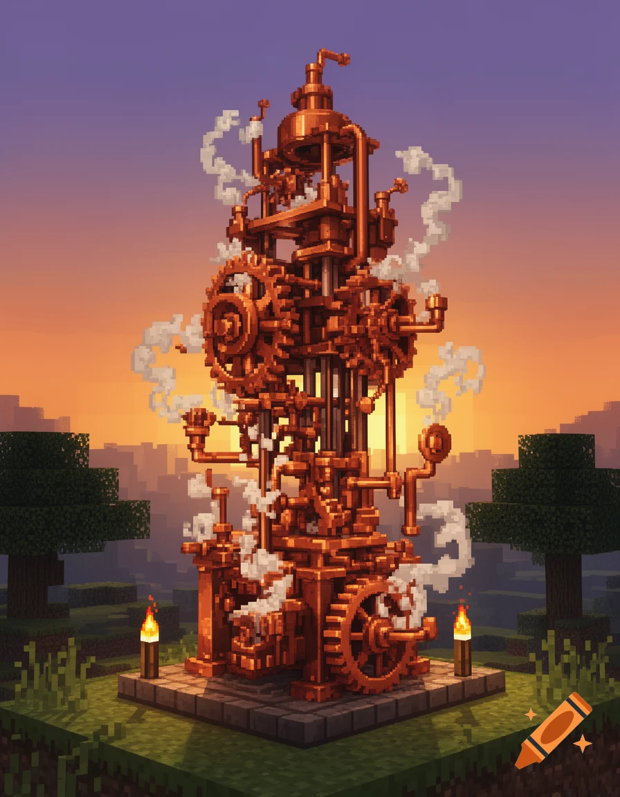 Pixel art copper steampunk machine with gears and steam in a Minecraft landscape at sunset, flanked by torches.
