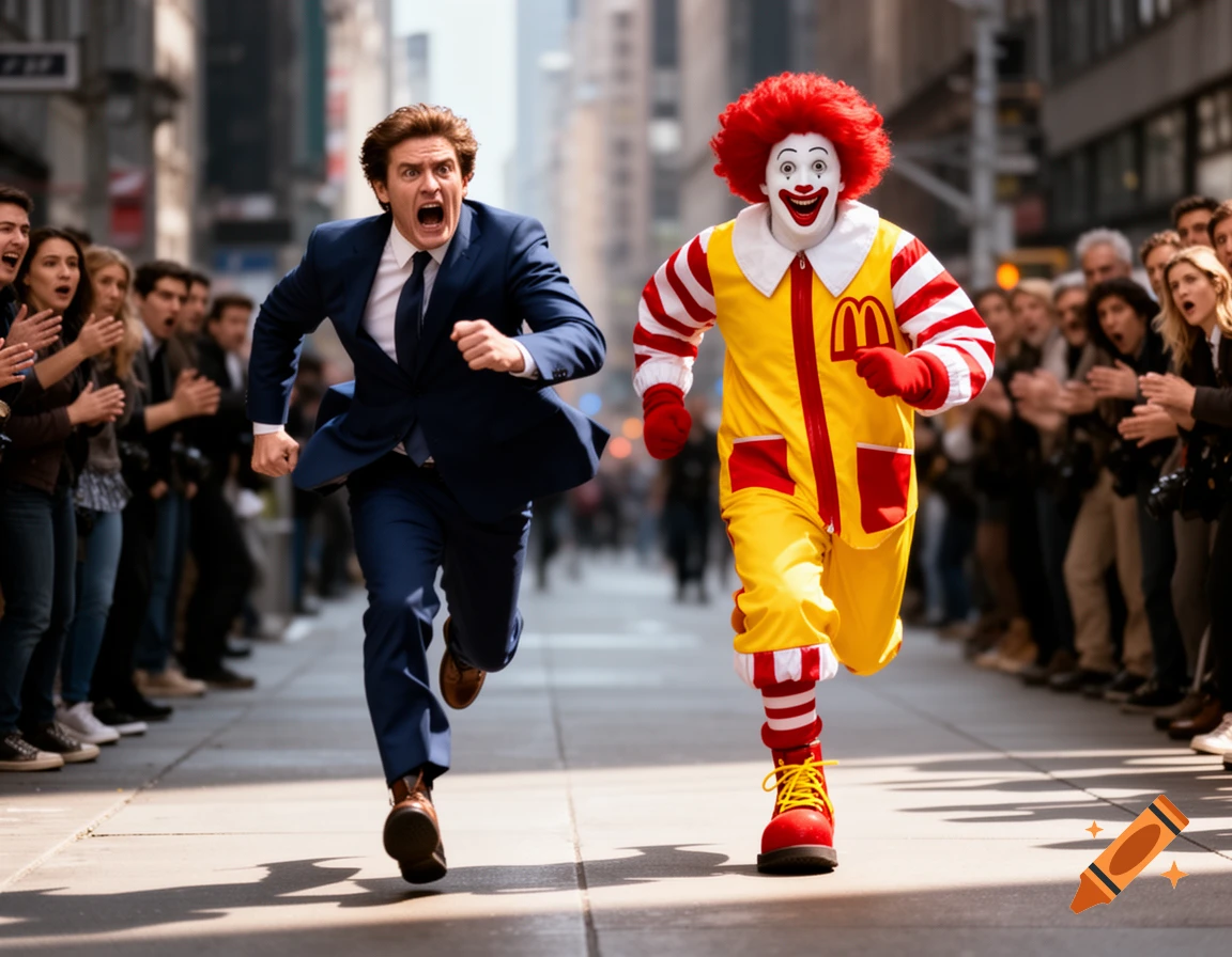 A screaming man in a blue suit runs down a city street, chased by a smiling Ronald McDonald in his clown costume.