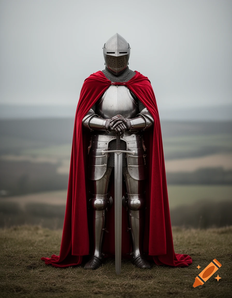A photorealistic medieval knight in shining armor and a red velour cape stands on a hill, holding a sword pointed downwards.
