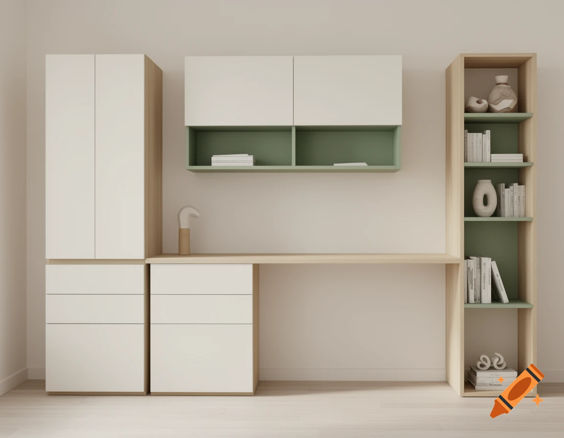 A Scandinavian-style study room with light wood and white furniture, including a desk, drawers, wall cabinets, and a bookshelf with sage green accents.