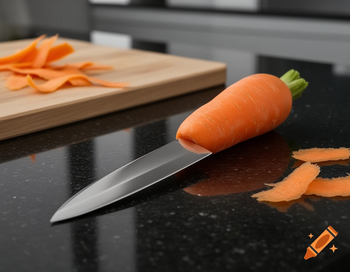 Photorealistic image of a knife with a carrot handle lying on a black kitchen counter next to a wooden cutting board with carrot peels.
