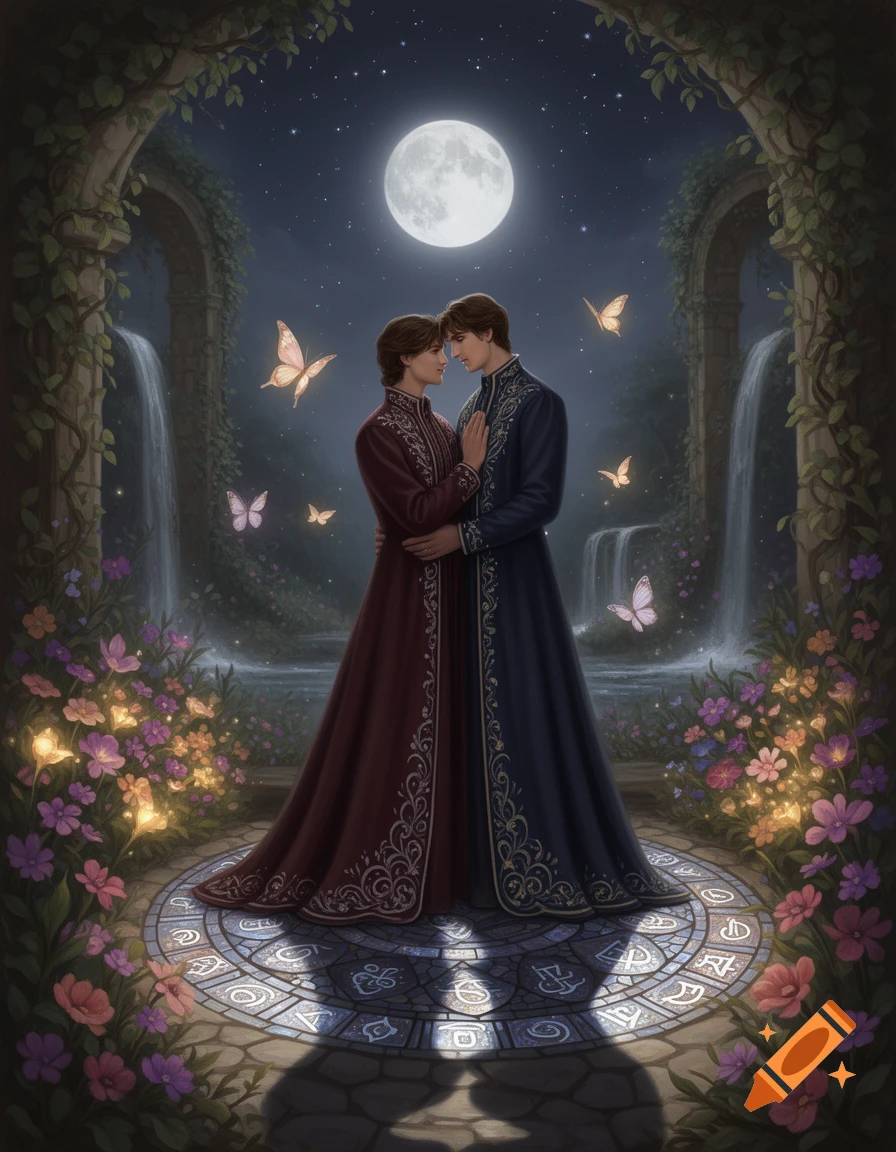 Two male lovers in elaborate robes embrace under a full moon in a lush, magical garden with waterfalls, glowing butterflies, and a symbolic patterned ground.