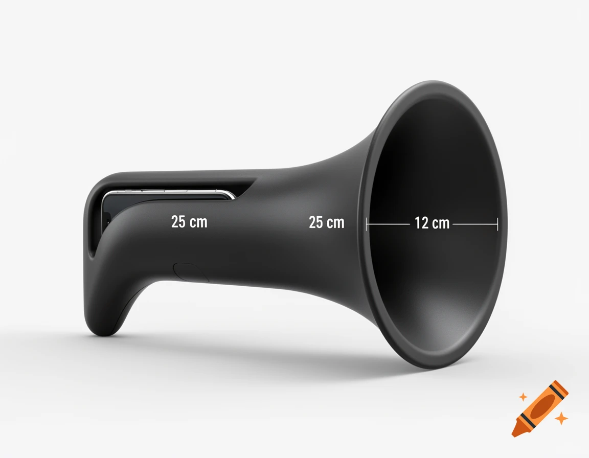 Matte black passive acoustic smartphone amplifier with a phone inserted, showing '25 cm' and '12 cm' measurements.