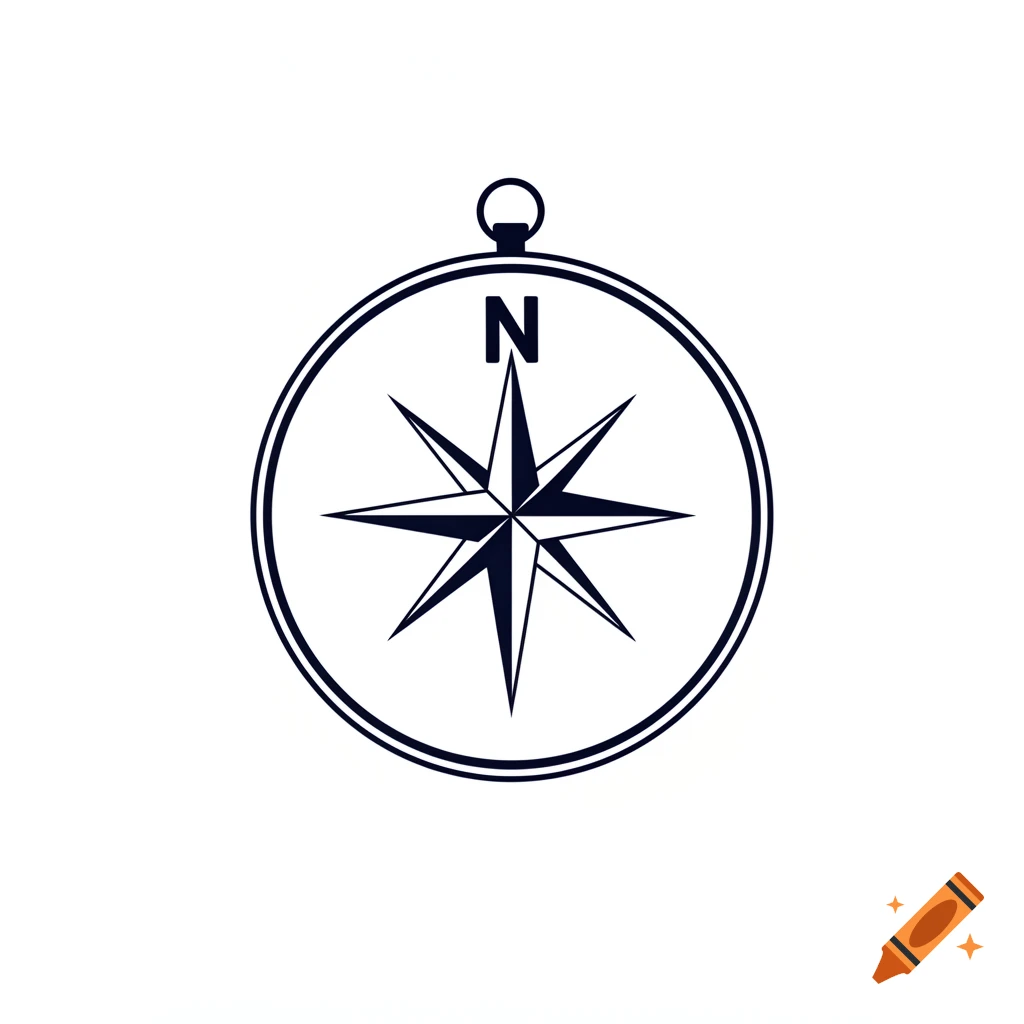 A minimalist black and white icon of a compass with an 'N' for north.