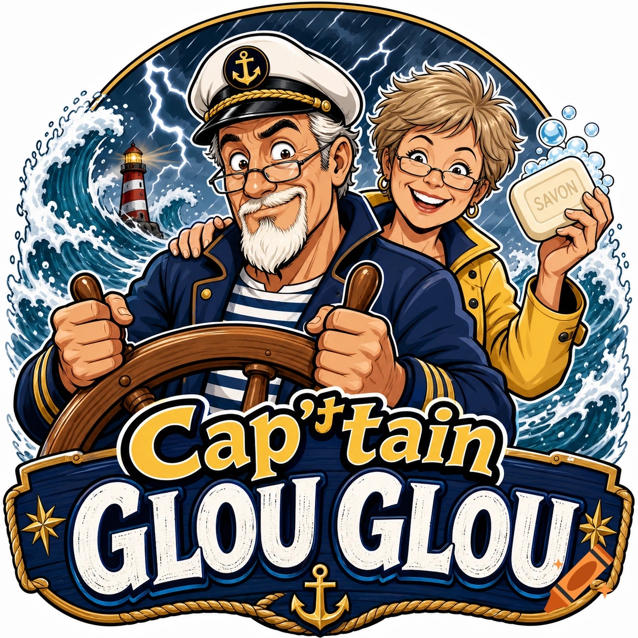 Cartoon logo of a captain steering a ship in a storm with a woman holding soap. Text "Cap'tain GLOU GLOU".