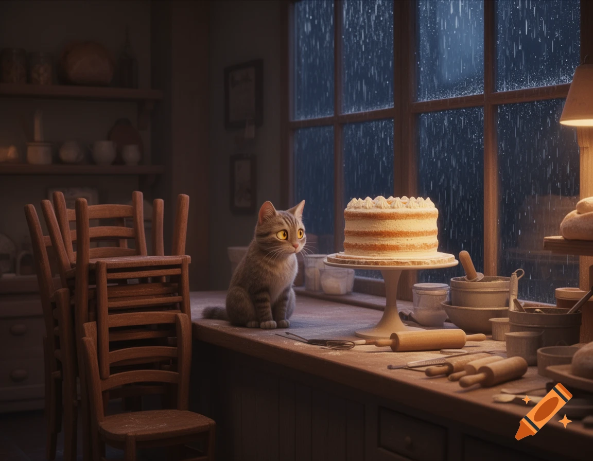 A tabby cat gazes at a cake in a dimly lit bakery with rain outside. Stacked chairs, baking tools visible. Animated movie style.