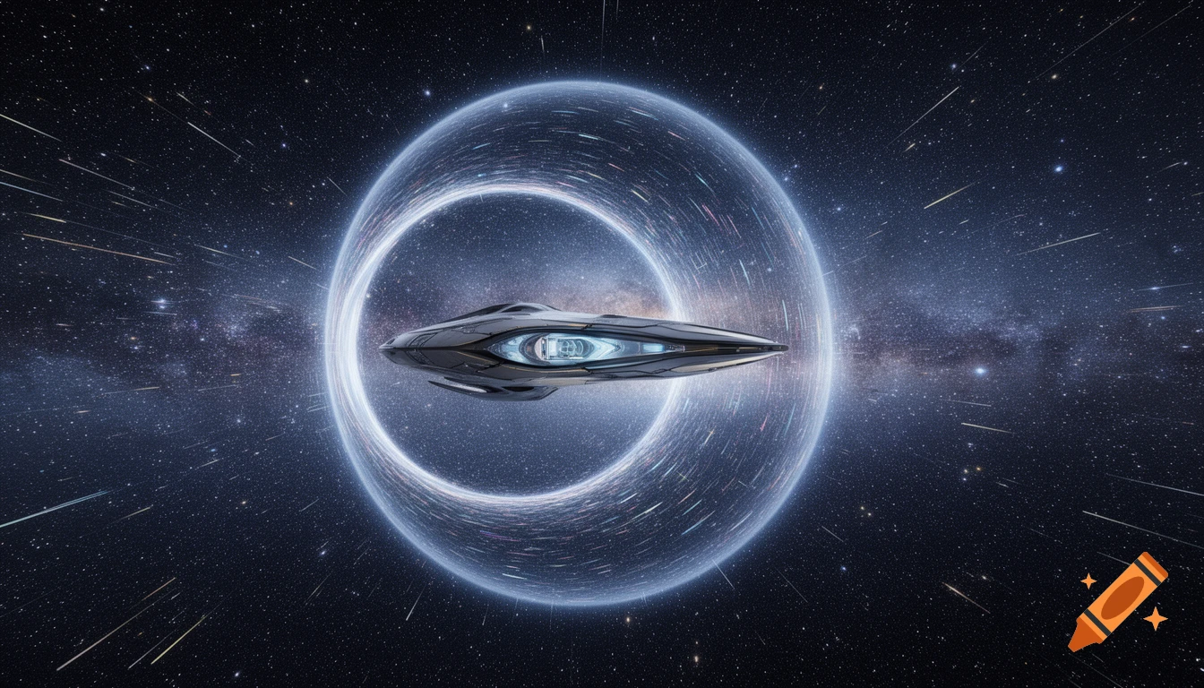 A futuristic spaceship with a sleek design and blue glowing core travels through a shimmering circular warp tunnel in deep space, surrounded by stars and streaking light.