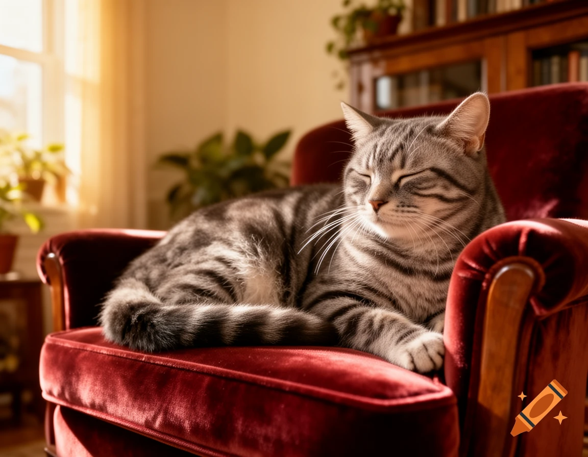 A striped tabby cat with closed eyes rests comfortably on a plush red velvet armchair in a sunlit room, photorealistic.