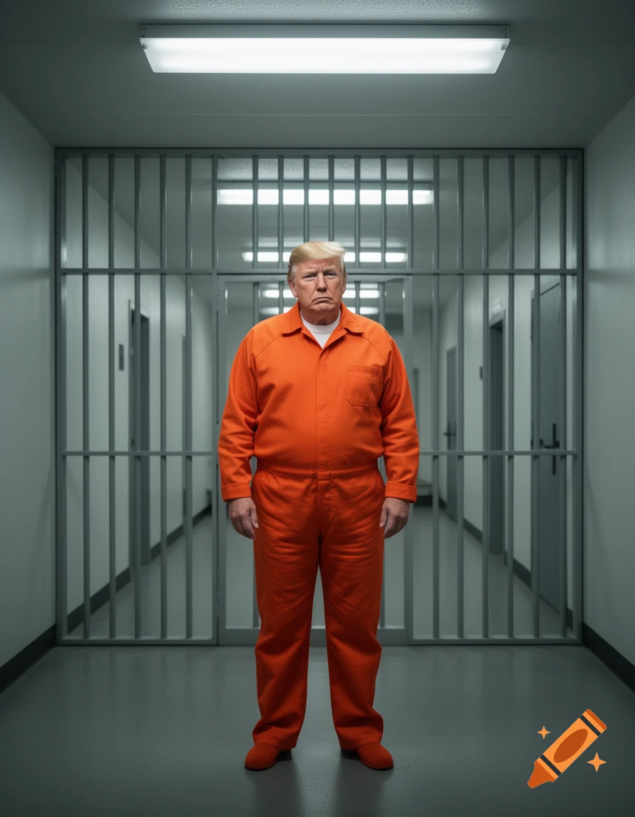 Photorealistic image of Donald Trump in an orange prison uniform, standing in a prison hallway with cell bars behind him.