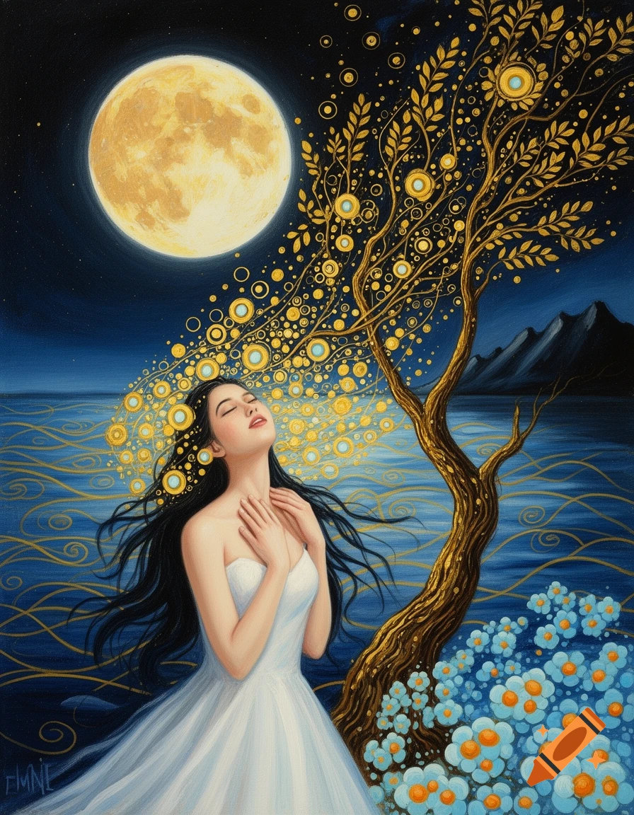 Whimsical fantasy oil painting of a woman in a white gown looking up under a golden moon, next to a golden-leafed tree and blue water with flowers.