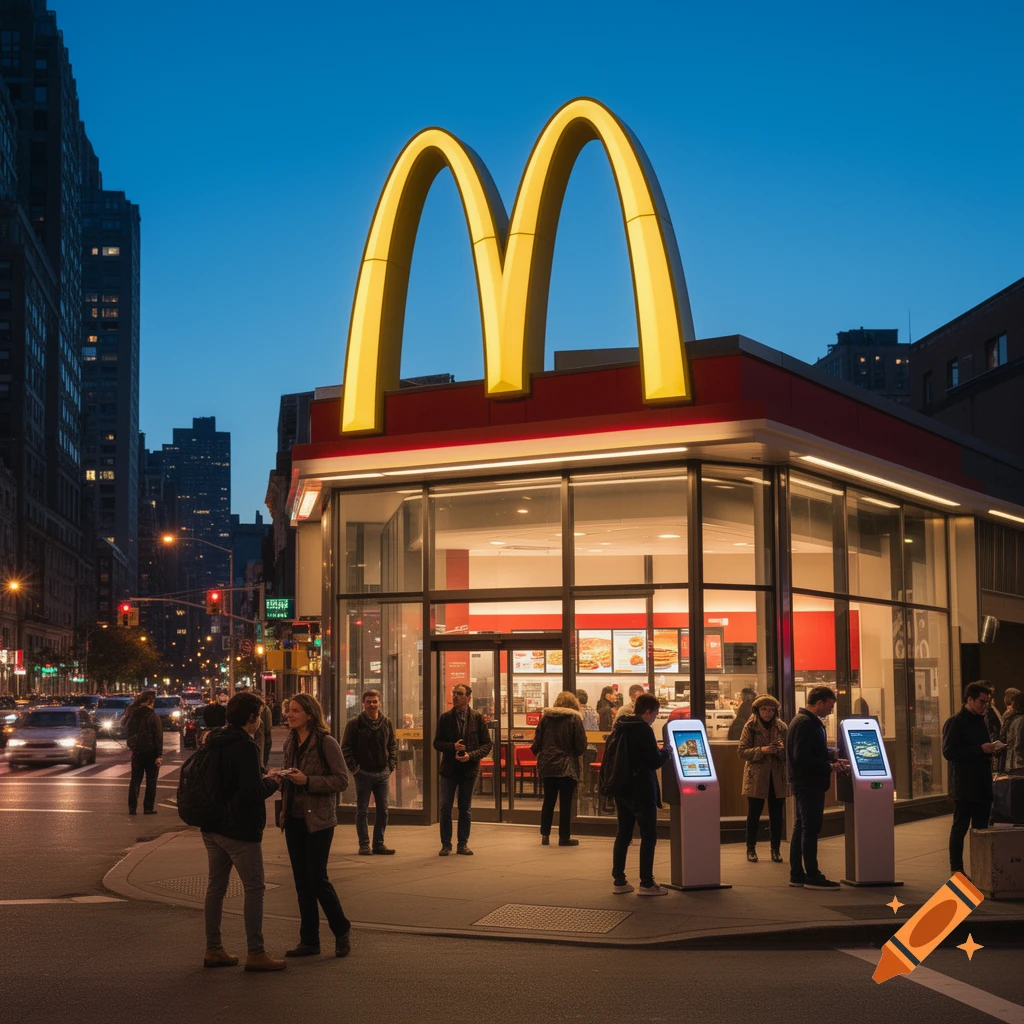 A photorealistic image of a McDonald's restaurant at dusk with illuminated golden arches, people on the sidewalk, and cars on the street.