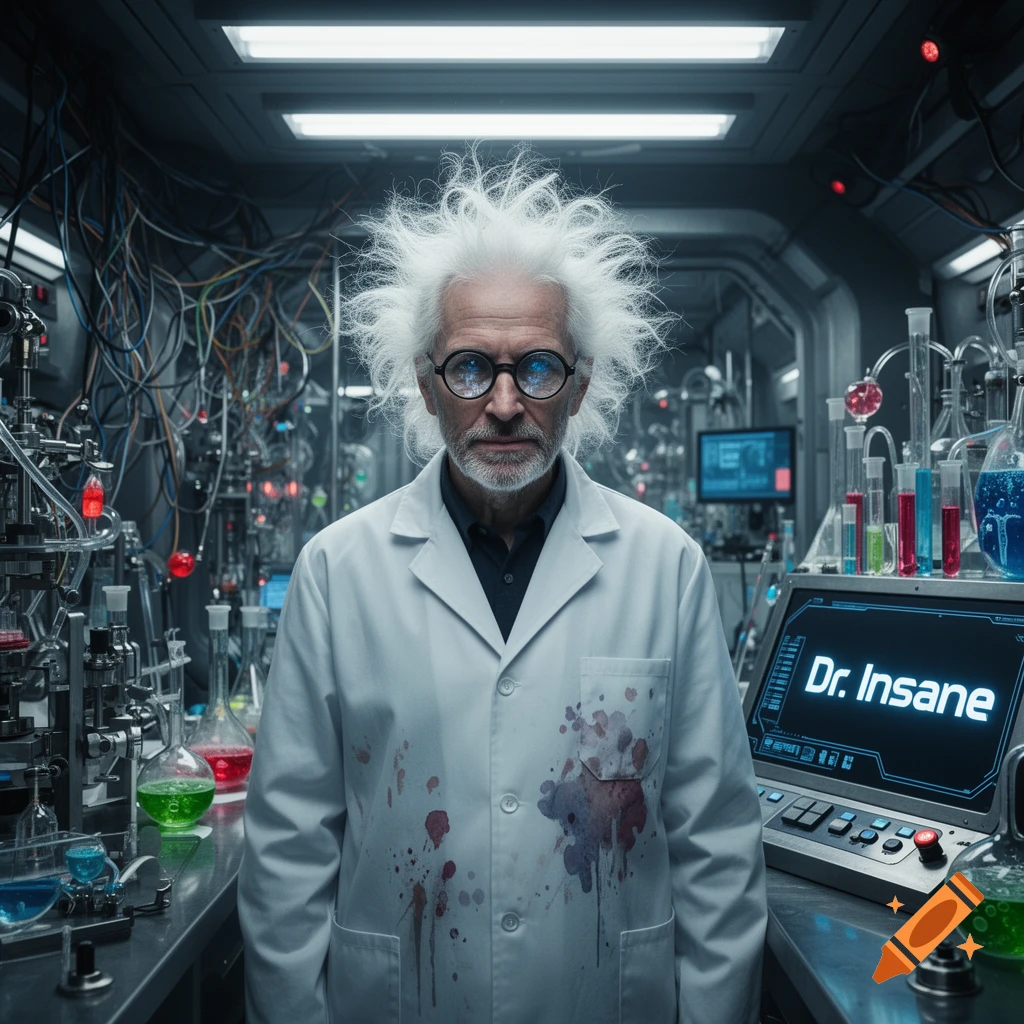 A disheveled scientist with wild white hair, glasses, and a blood-splattered lab coat stands in a chaotic laboratory. A monitor reads 'Dr. Insane'.