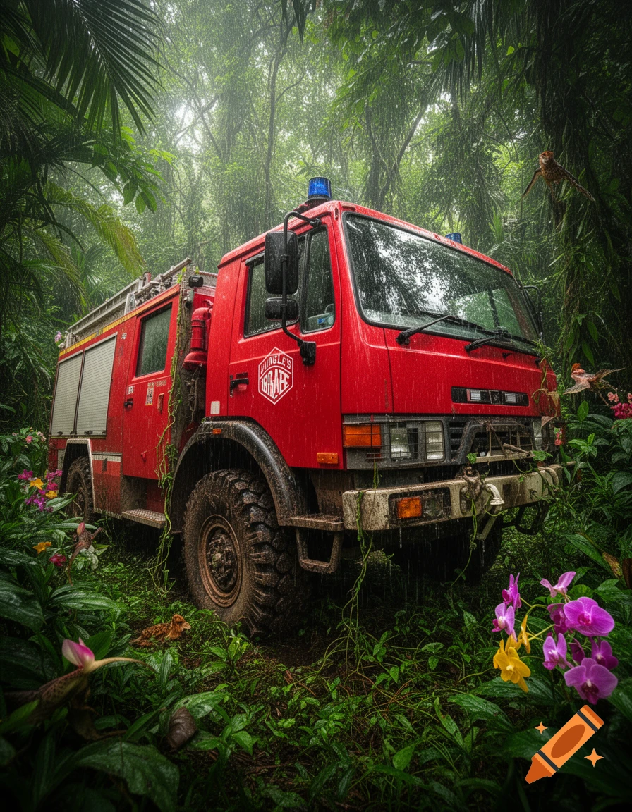 A red fire truck with large off-road tires sits partially submerged in lush green jungle foliage with orchids, under a light rain.
