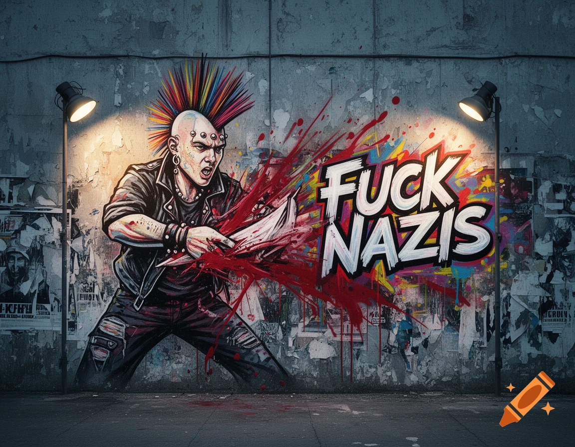 Graffiti art of an aggressive punk with a colorful mohawk slashing at the wall, with red paint splattering and forming the words "FUCK NAZIS" on a distressed concrete wall under streetlights.
