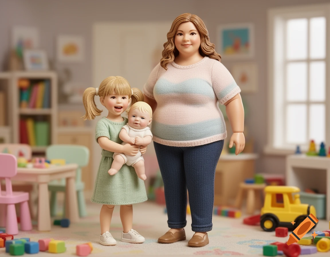 A photorealistic action figure set shows a mother, a little girl holding a baby, in a bright playroom filled with colorful toys.