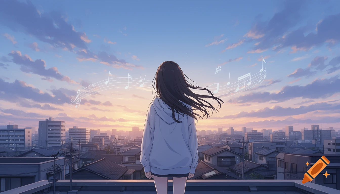 An anime girl on a rooftop at sunrise, back to viewer, with musical notes floating in the pastel sky over a quiet Japanese city.