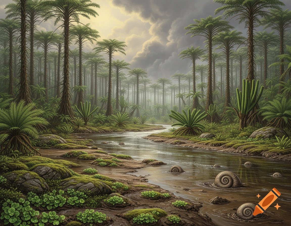 A lush prehistoric landscape with a winding river flowing through a dense forest of tall, palm-like trees, ferns, and large spiral shells in the water.