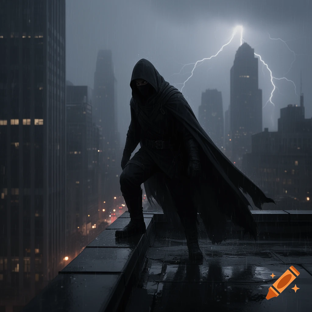 A dark cloaked figure with a mask crouches on a wet rooftop overlooking a rainy city skyline with lightning in the background.