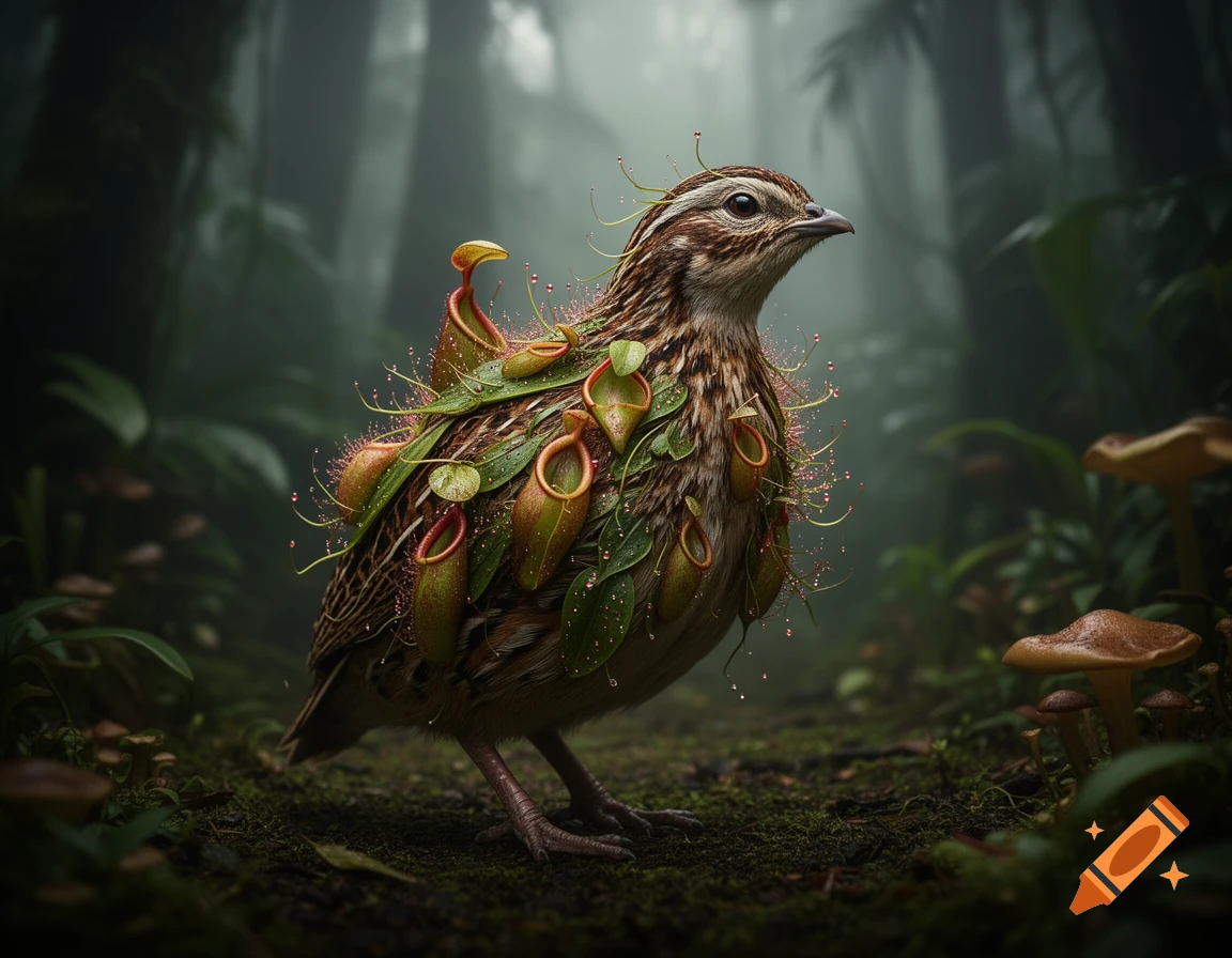 A hyperrealistic image of a quail-like bird mutated with pitcher plants and tendrils, standing on a mossy rainforest floor.