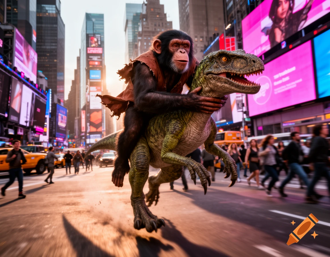 A photorealistic image of a chimpanzee riding a velociraptor through a busy Times Square street at sunset, with pedestrians and yellow cabs.