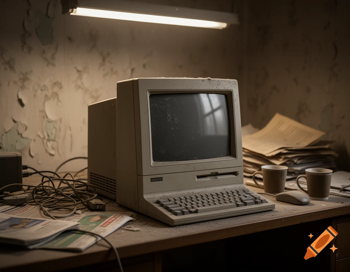 Dusty vintage computer with keyboard and mouse on a cluttered wooden desk in a dimly lit, peeling room, photorealistic.